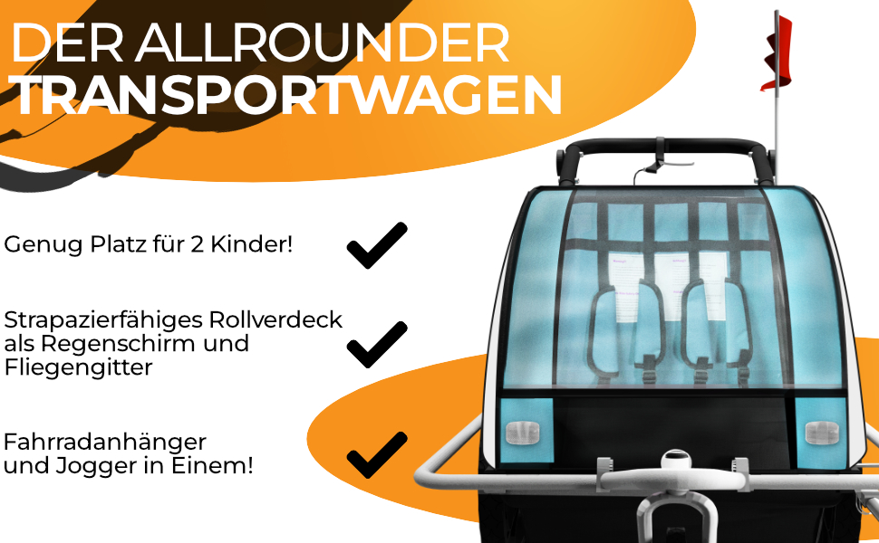 SAMAX Fahrradanhänger Jogger 2in1: Дитячий велопричіп-коляска 2в1 для 2 дітей, повне зчеплення, поворот на 360° (Блакитний - Срібляста рама)