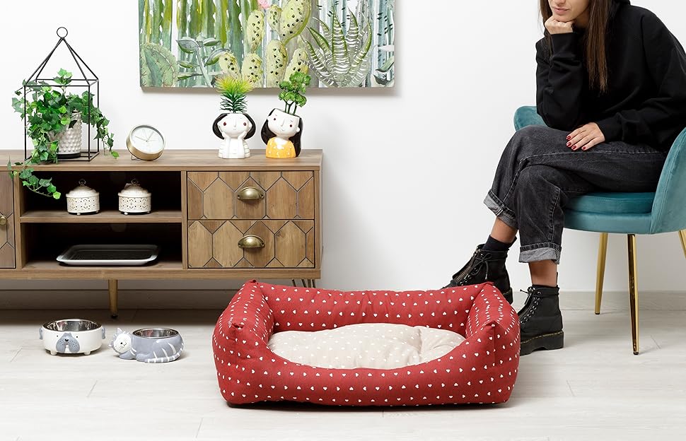 Кругле ліжко для собак Baroni Home з м'яким матрацом, 70x85 см, червоно-білі сердечка