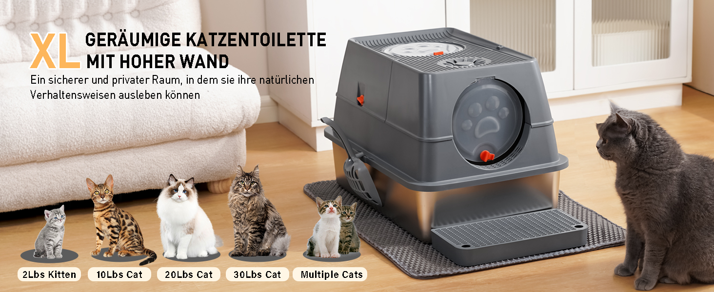 Місцезнаходження Katzenklo Edelstahl з кришкою, XXL туалет для котів закритий з двома відсіками для наповнювача, килимок для наповнювача та лопатка, двостулковий дизайн, легко чистити, утримує запах, сірий