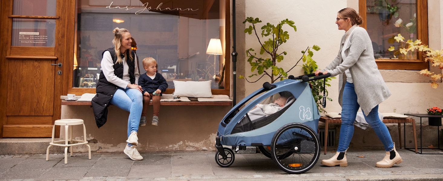 Фahrра-причіп Hauck Dryk Duo Plus Set для 2 дітей з люлькою, тентом та дощем. Складається, з підвіскою та функцією коляски, темно-синій