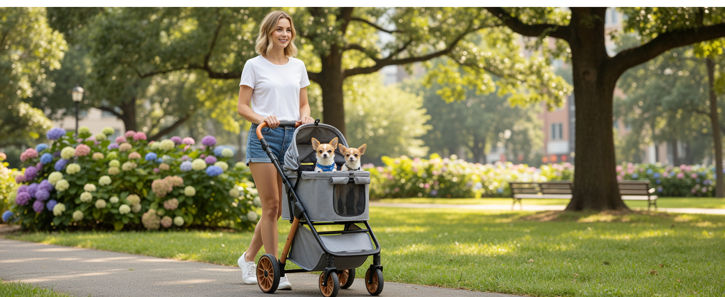 Візок для собак та котів MAMIZO One-Touch, до 25 кг, сірий. Алюмінієвий каркас, регульована ручка, тримач для напоїв, поворотні колеса