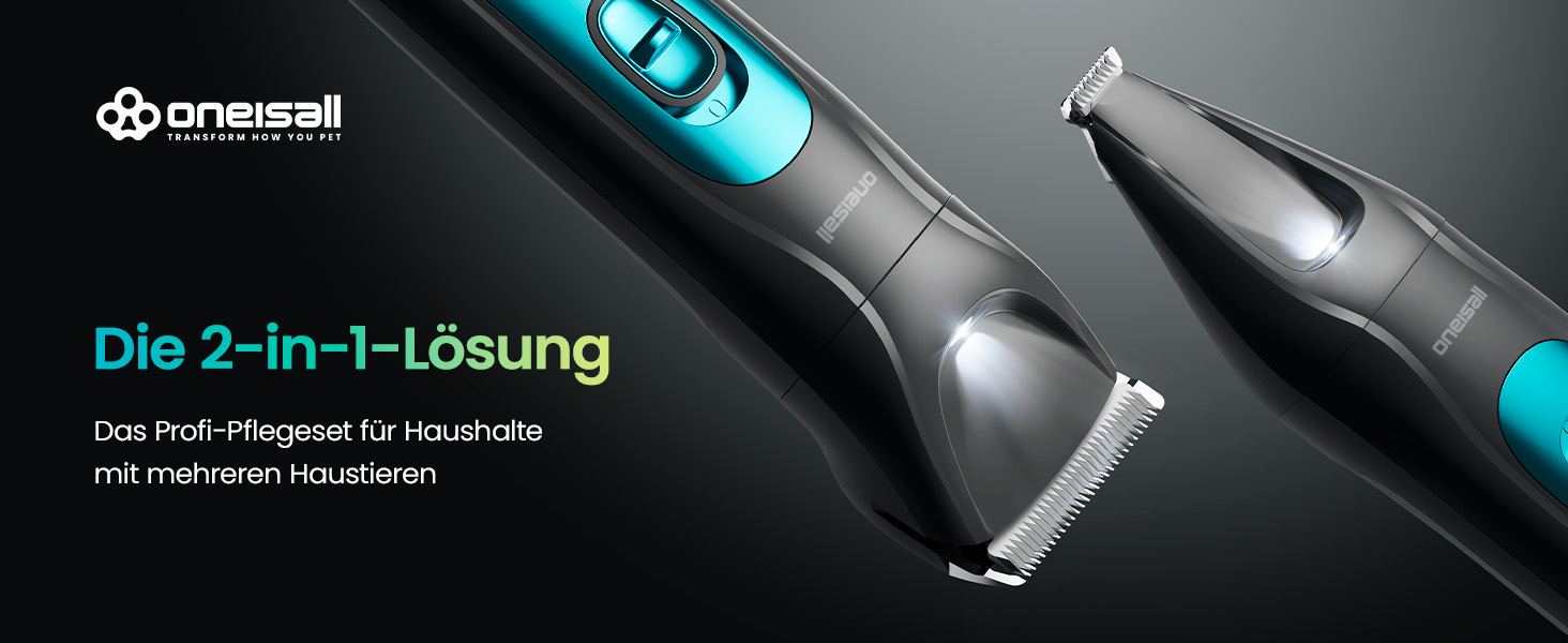 Машинка для стрижки собак та котів oneisall 2-в-1 з тримером для лап, LED-підсвічуванням, тиха робота, акумулятор 2000 mAh, професійний триммер для густого та кучерявого хутра, синій