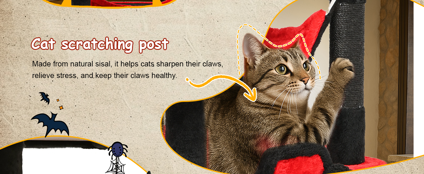 Драматичний котячий комплекс BYBYME в готичному стилі для Хелловін, 158 см, стабільний набір меблів для котів з ліжком, будиночком, гамаком, стовпчиками з сизалю, багатофункціональна котяча ігрова вежа (Чорний/Червоний)