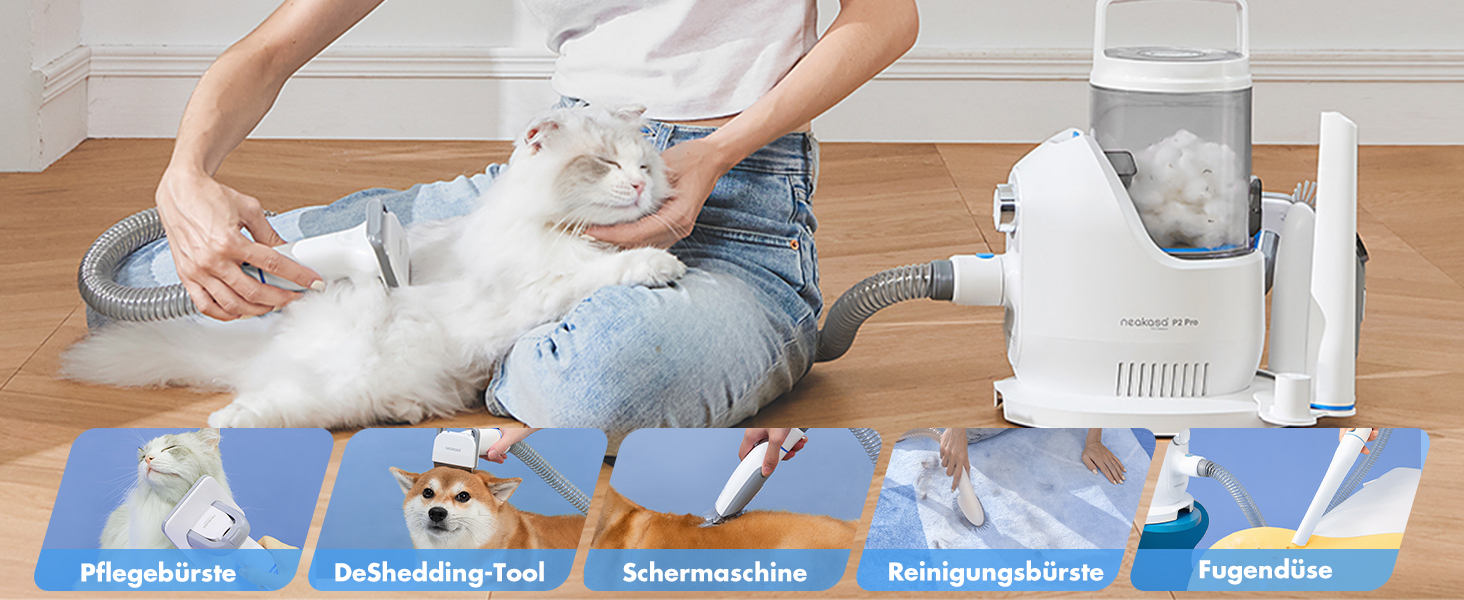 Машинка для стрижки собак Neakasa P2 Pro з пилососом, тиха, професійний набір для грумінгу домашніх тварин, 5 насадок для собак та котів, блакитна
