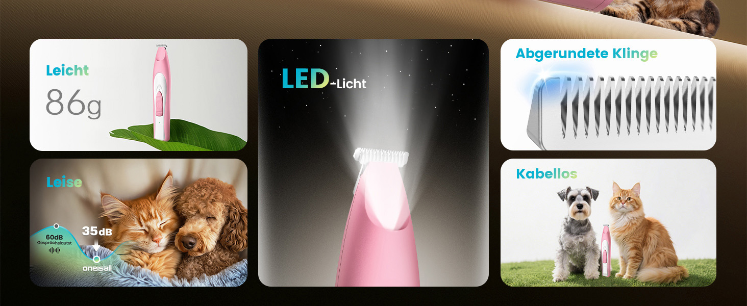 Триммер для собак Oneisall: безшумний, акумуляторний, з LED-підсвічуванням для догляду за лапами, очима, вухами та обличчям (зелений, рожевий)