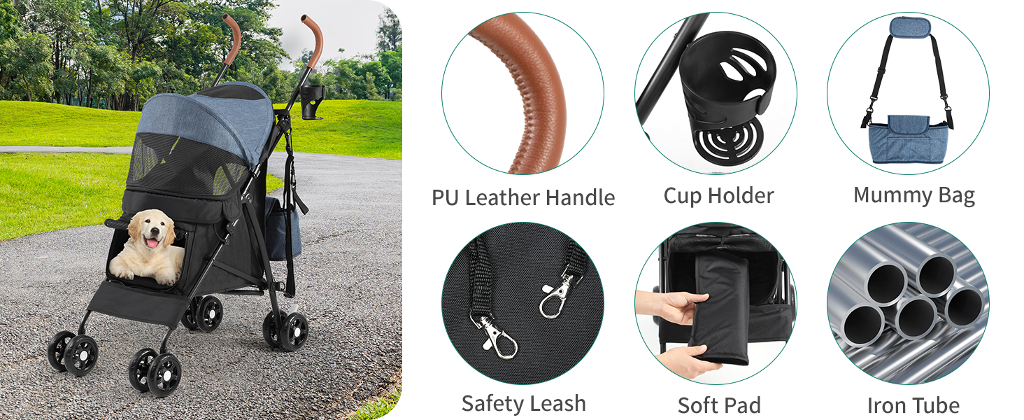 Візок для собак та котів YITAHOME 11,3 кг, складаний, з кошиком, сіткою, тримачем для напоїв, поворотні EVA колеса, дверцята (Синьо-чорний)