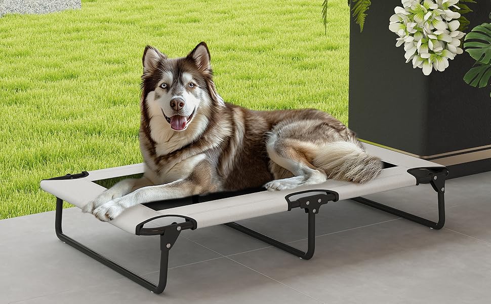 PawHut Лежанка для собак на вулицю, піднята лежанка для великих собак, складана, з металевим каркасом та сіткою, для відпочинку на вулиці та кемпінгу, 107x61x20 см, світло-сіра