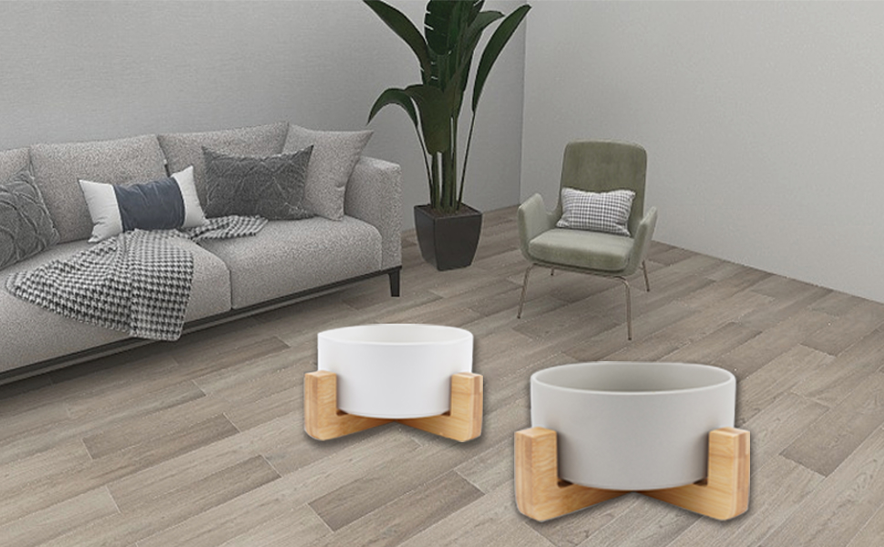 Керамічні миски для собак та котів з дерев'яною підставкою | VIKEDI | Керамічні миски для корму та води для тварин