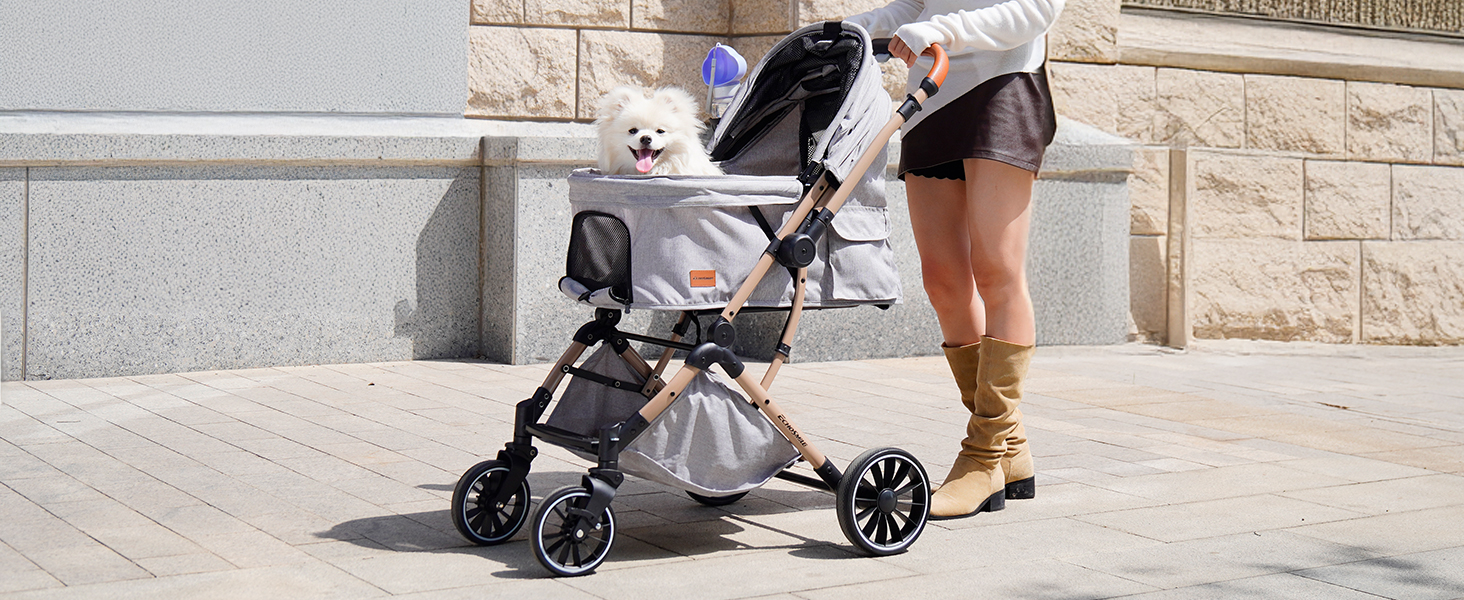 Візок для собак EchoSmile, складаний, до 20 кг, для маленьких та середніх собак та котів, з регульованою ручкою, амортизаторами та знімним чохлом (сірий)