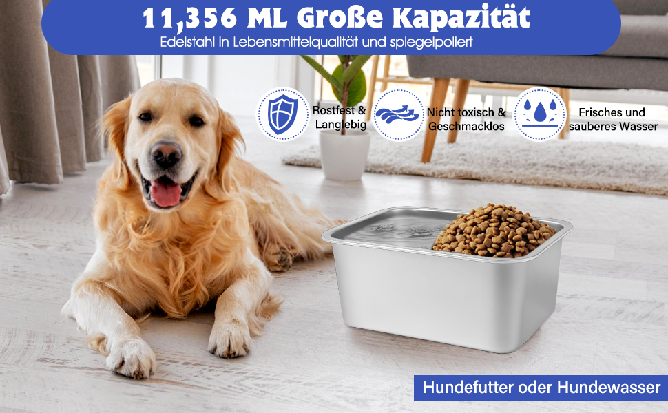 Миска для собак SBAYOOL 11.4 л, нержавіюча сталь, 36×27×15 см, для середніх та великих собак, антиковзаюча, легко миється