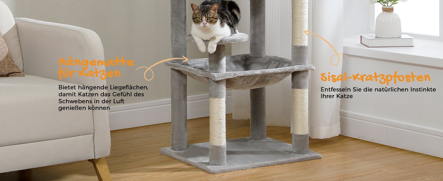 Комплекс для котів PAWZ Road з металевим гамаком, будиночком та 6-ярусними полицями, сірий, 143 см