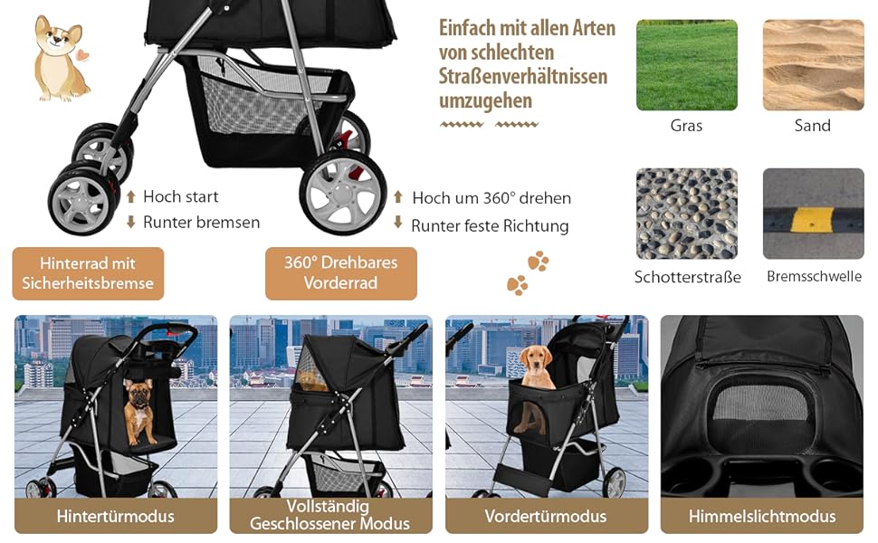 Візок для собак та котів COSTWAY, до 15 кг, з сітчастими віконцями, тримачем для напоїв, кошиком та сонцезахистом, складний, бежевий