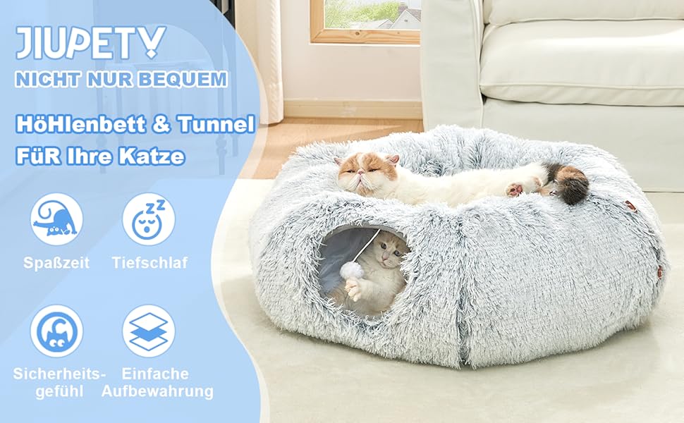 Туннель-іграшка для котів Jiupety з місцем для сну, великий, сірий, з підвісними кульками