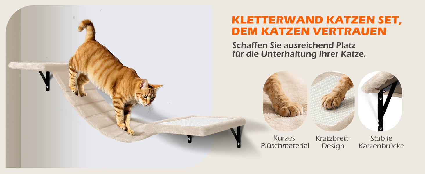 Кігтеточка-стіна для котів Eukue, комплект 10 елементів, великі настінні елементи з котячим будиночком, мостом та сизалевими стовпчиками, до 10 кг, бежевий колір