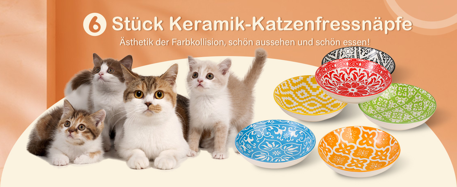 Набори мисок для котів з кераміки Katzennäpfe - 6 шт. Миски для корму котів, широкі та плоскі, місткістю 250 мл, білий колір, стиль мінімалізм, безпечні для мікрохвильовки та мийки