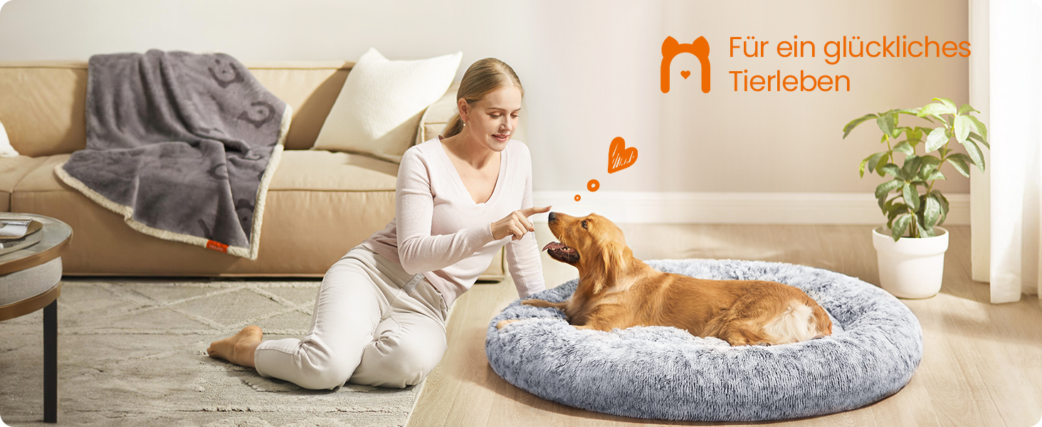 Кругле ліжко для собак та котів Feandrea з м'яким плюшем, діаметр 120 см, світло-сірий колір, знімний наповнювач, PGW043G01