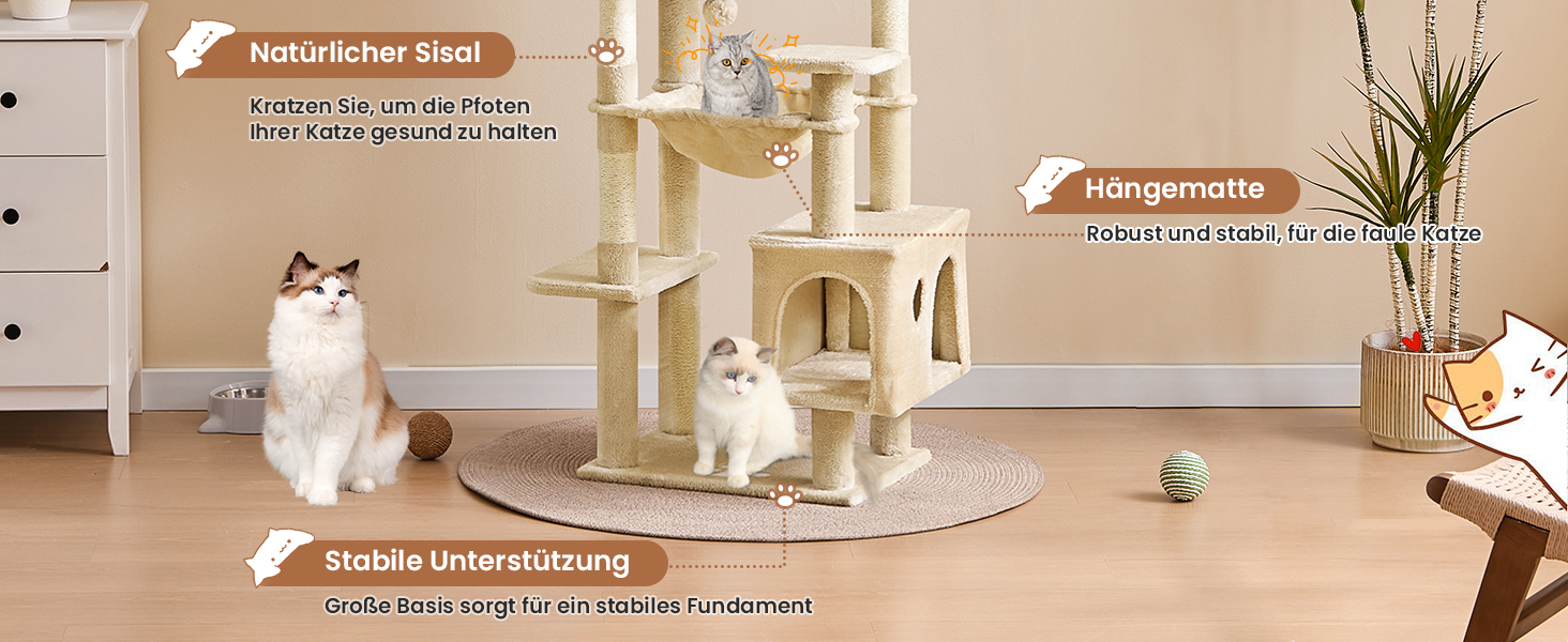 Кігтеточка для котів MSmask велика, стабільна, багатоярусна з 2 платформами, 2 будиночками, гамаком та сизалевими стовпчиками (Бежевий, 160 см)