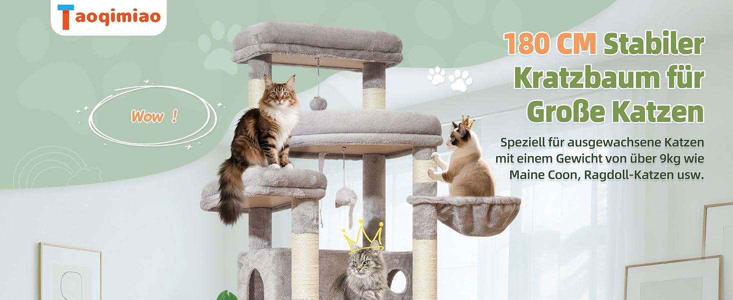 Когтеточка для котів Taoqimiao 180 см XXL, великий котячий комплекс для Maine Coon з будиночком, гамаком, великою платформою, 9 стійок для дряпання, кошиком, зелений