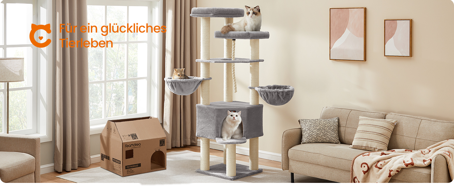 Декілька поверхів, великий котячий будиночок Feandrea, XXL, 55 x 55 x 186,7 см, товсті сизалеві стовпи (11 см), для великих котів (наприклад, мейн-кун), сірий та чорний котячий будиночок, PCT008G02