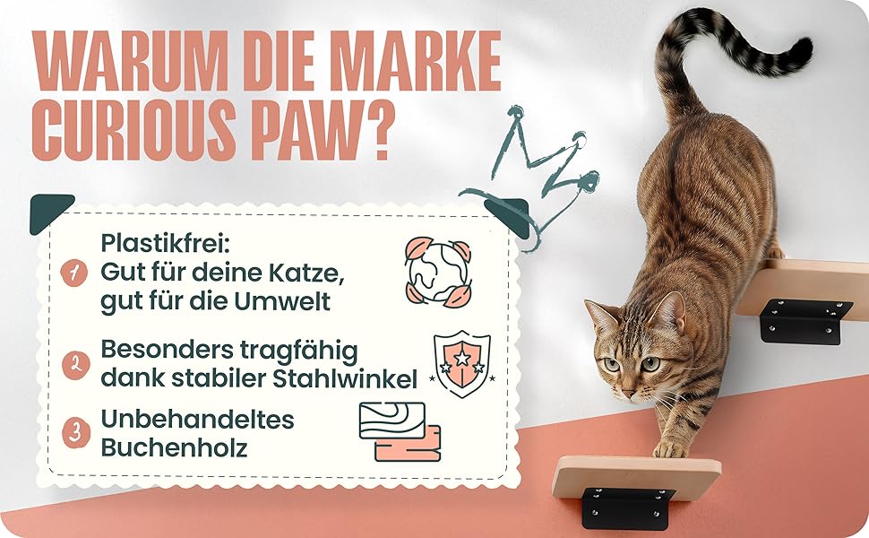 Кігтеточка-стіна Curious Paw для котів з гамаком - великі сходи з бука (Made in Germany), 2 сходи та гамак