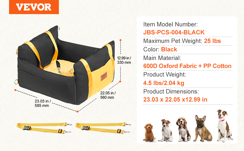 Автокрісло для собак VEVOR, чорне, S - водовідштовхувальне, з кишенею та страхувальним ремінцем