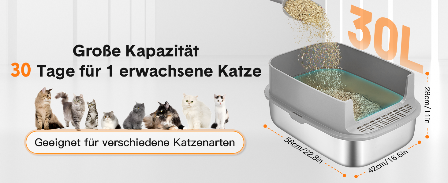 Котячий туалет Papettly з нержавіючої сталі з кришкою XXL, 30 л, високий знімний борт, килимок для туалету, легке очищення, 58x42x40 см