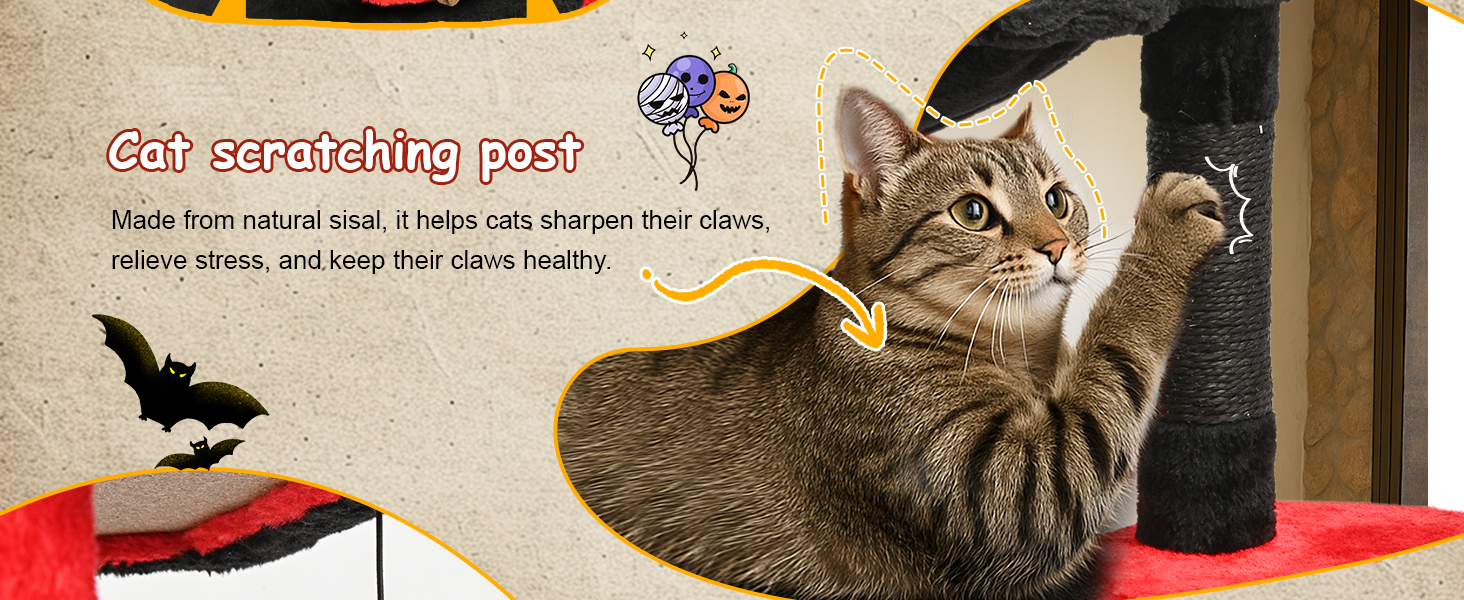 BYBYME Готичний кігтеточка для Хелловіну, 84.5 см, стійкий комплекс для котів з ліжком, будиночком, гамаком, кігтеточками з сизалю, багатофункціональна котяча іграшка (Чорний/Червоний), підлоговий, 96.5 см