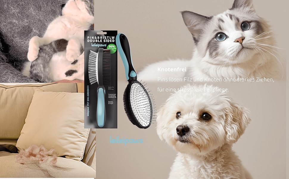 Двостороння щітка для собак та котів – вичісувальний гребінь для довгої та короткої шерсті, металеві щетинки та натуральна щетина, ергономічна ручка TPR, м'який та ефективний догляд за шерстю (Синьо-Чорний)