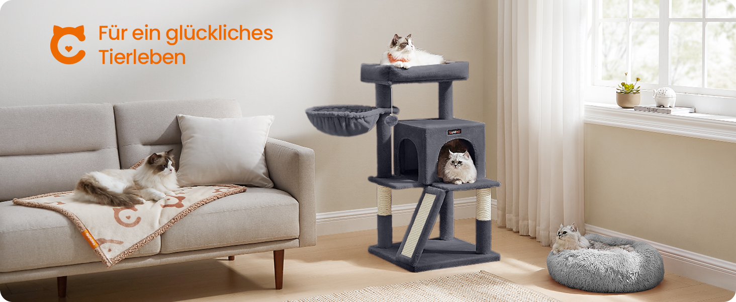 Дерево для котів Feandrea 96 см з платформою, будиночком, гамаком та сходами, PCT51W (димно-сірий)