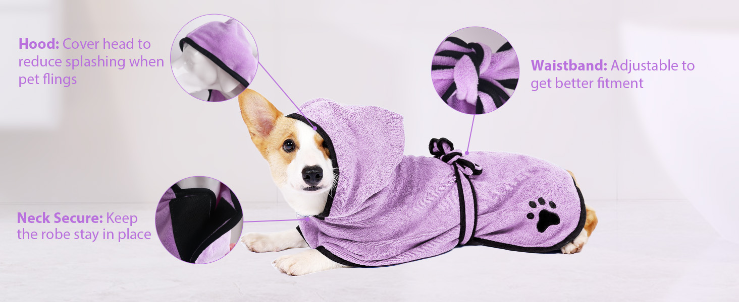 Рушник для собак з капюшоном, вбираючий, для сушіння після купання, для котів та собак усіх порід, L (блакитний) (фіолетовий L)