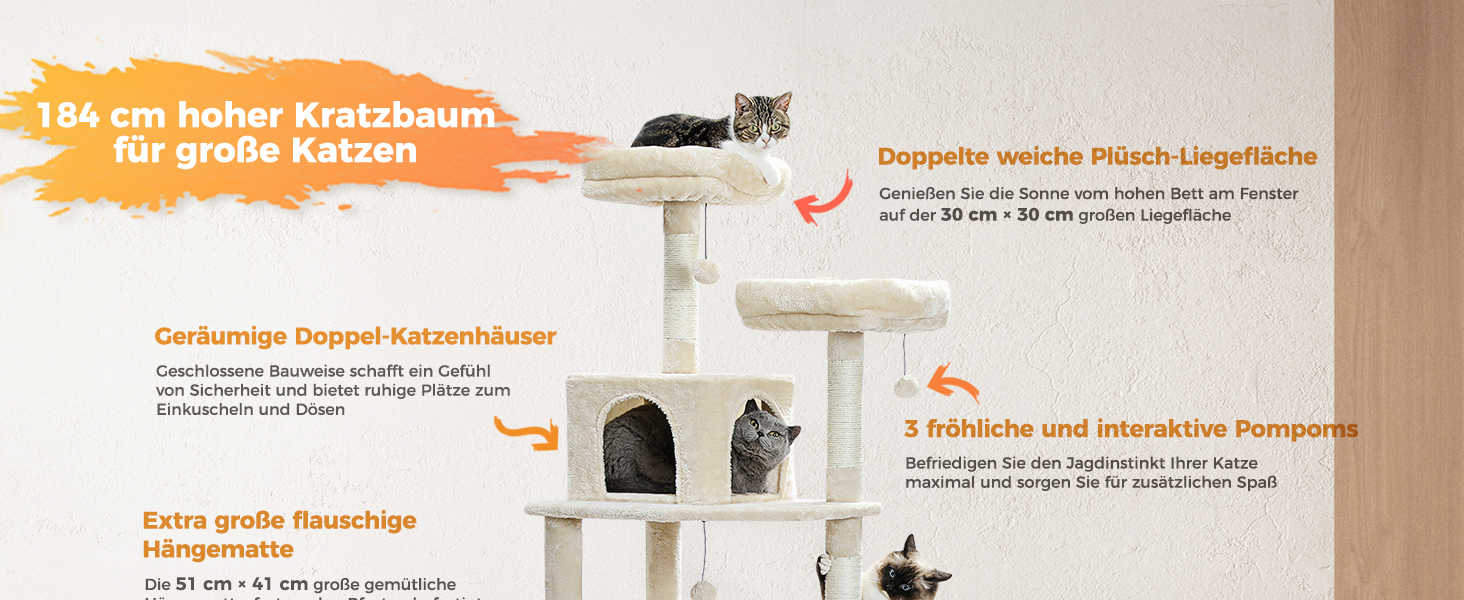 PAWZ Road Дряпка для котів велика, 184 см, 7 стовпів сизалю, гніздо, кошик, для дому, бежевий