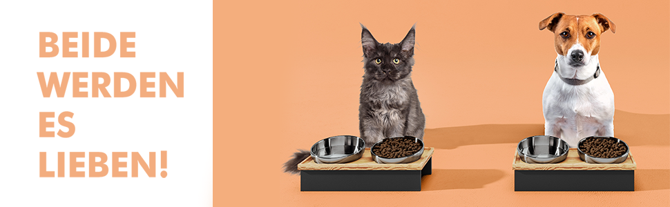 Підвищений годівниця для котів та маленьких собак TUONKEE, 2 миски з нержавіючої сталі, дерев'яний підстав з масивного дерева (чорний)