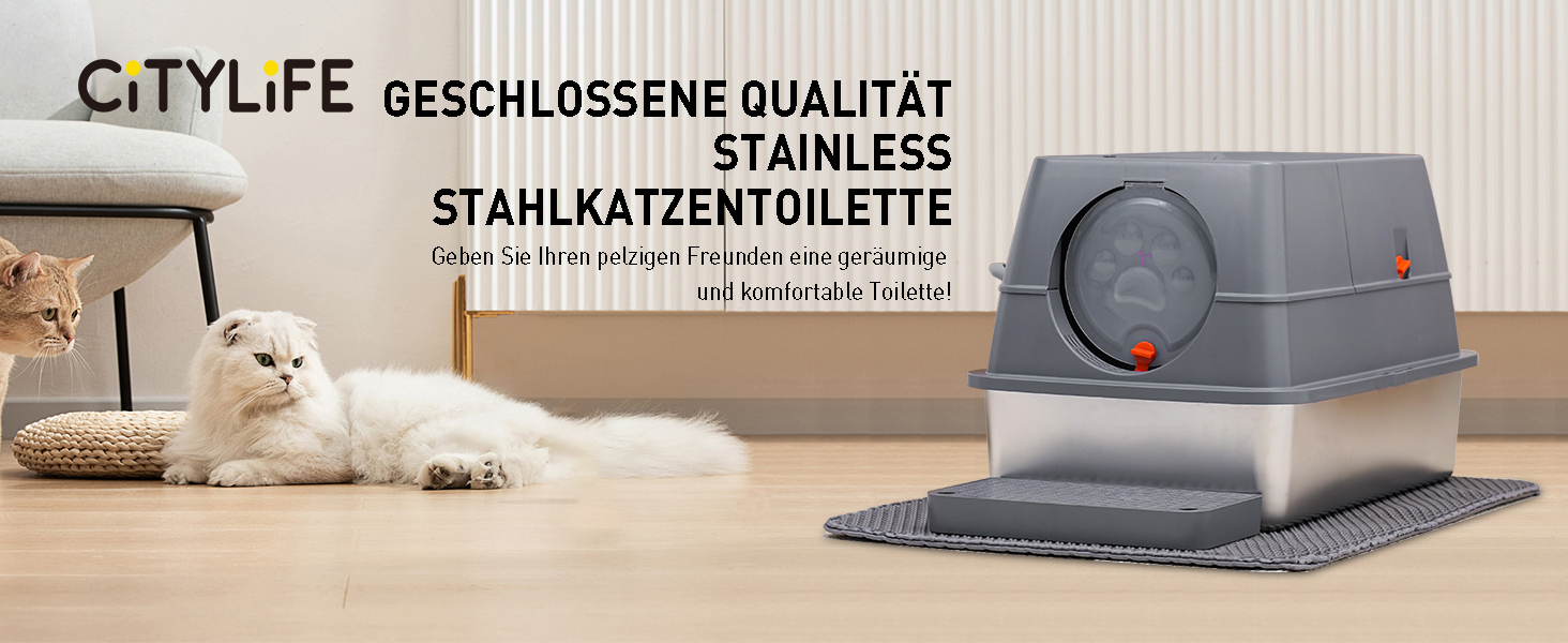 Місцезнаходження Katzenklo Edelstahl з кришкою, XXL туалет для котів закритий з двома відсіками для наповнювача, килимок для наповнювача та лопатка, двостулковий дизайн, легко чистити, утримує запах, сірий