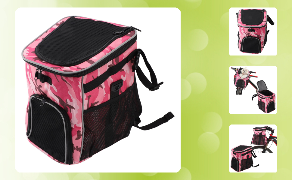 Велосипедний кошик для собак, м'який, вентильований рюкзак-переноска для собак, водонепроникний переноска для тварин на велосипед для подорожей, кошик для котів та собак, знімний (Рожевий камуфляж)