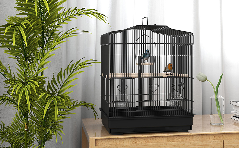 Клітка для птахів PawHut з жердинами, годівницями, гойдалкою, для хвилястих папужок, канареек, дрібних птахів, 46,5 x 36 x 59 см, чорна