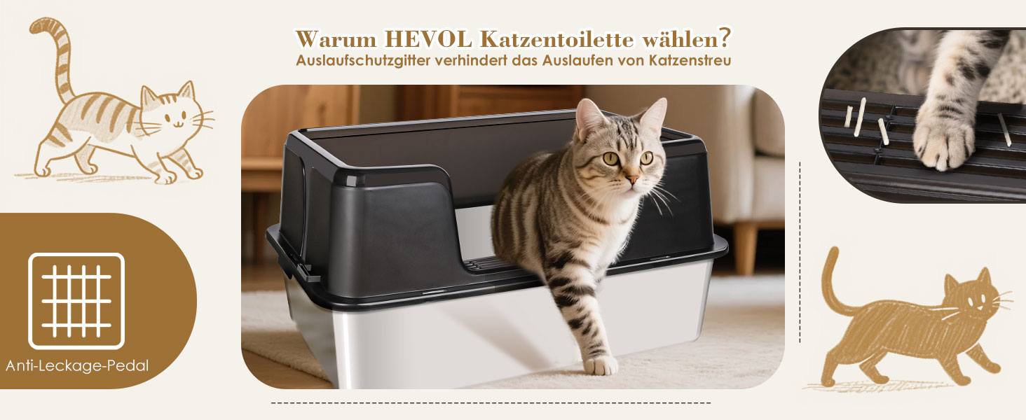 HEVOL: Великий лоток для котів з нержавіючої сталі, 60 л, XXL, з лопаткою та антиковзаючою підкладкою, сірий