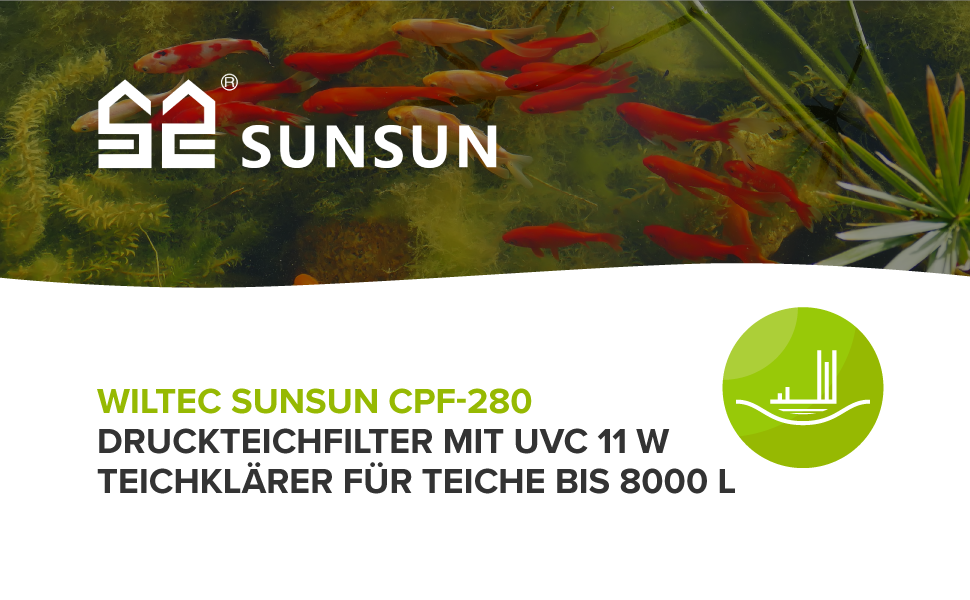 Ставковий фільтр SunSun CPF-280 з УФ-стерилізатором 11 Вт, продуктивність 9000 л/год для ставків до 8000 л, фільтраційна система для очищення води