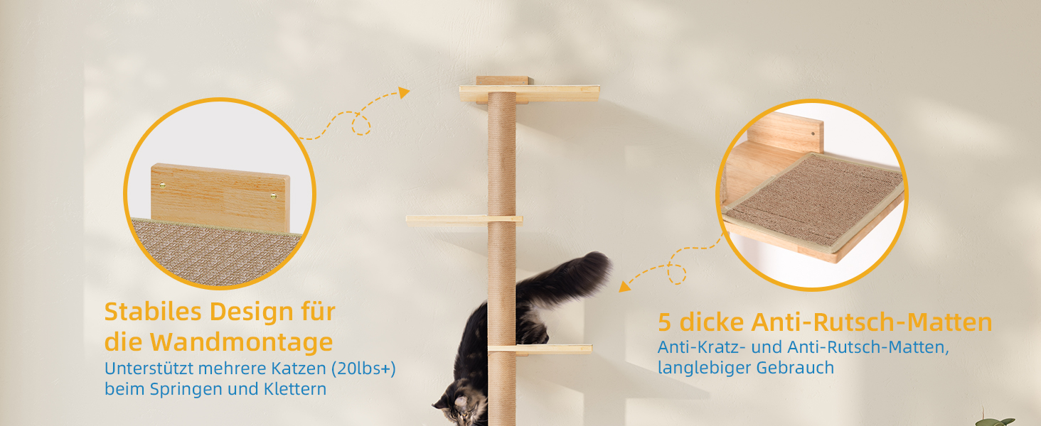 Багатоярусна кігтеточка-стінка для котів з 5 сходами, 5-ярусні полиці для відпочинку та ігри, з міцними кігтеточковими стовпчиками, з антиковзними килимками, для великих котів