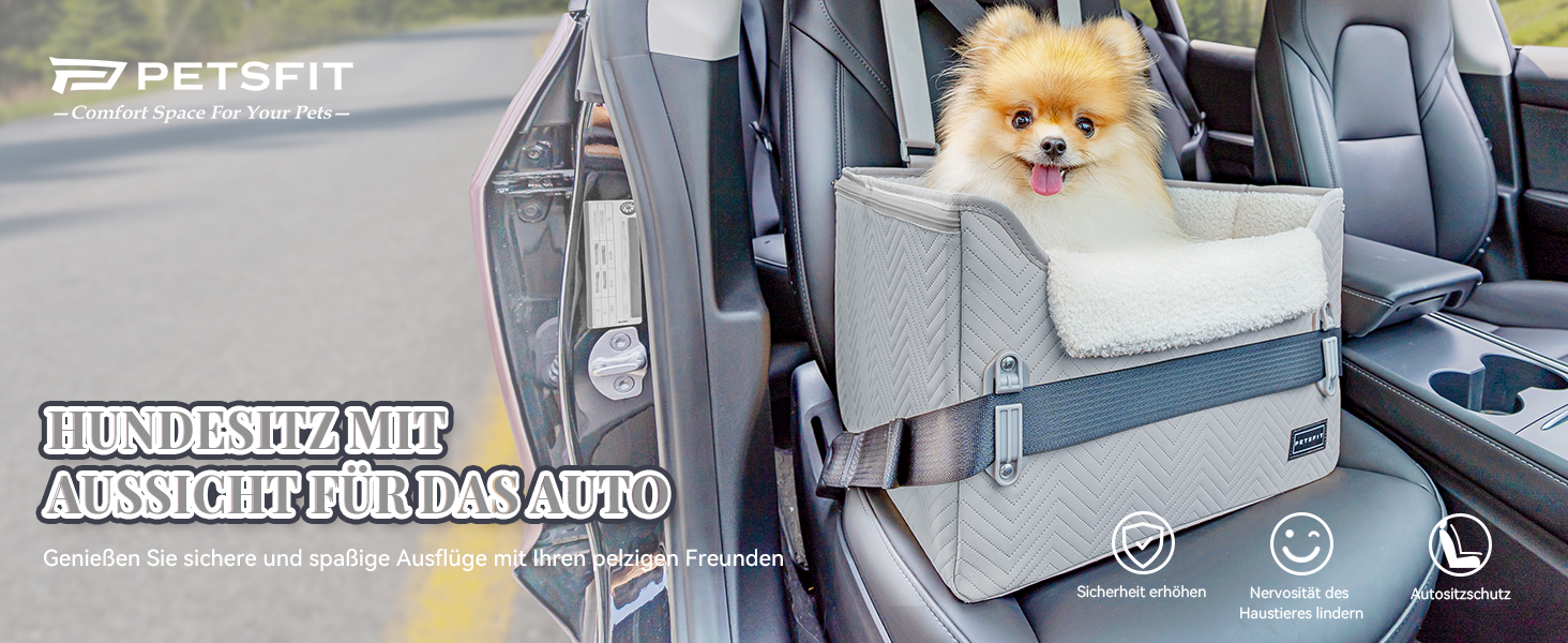 Автокрісло для собак Petsfit - стабільне та безпечне автокрісло для маленьких собак, з кріпленням для ременя безпеки, зручне ліжко-кошик з миючим плюшевим подушками, шкіряне сіре