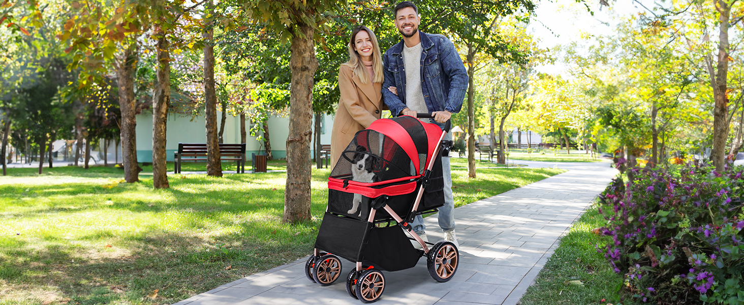 Візок для собак YITAHOME, червоний, для маленьких собак, з обертовим ручками, сітковими вікнами та гальмами