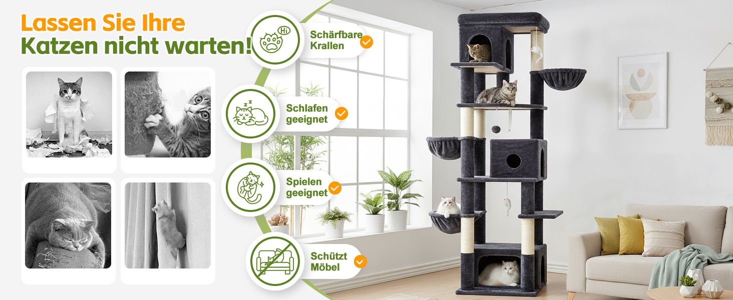 Кігтеточка Globlazer 204 см з 3 будиночками, 2 платформами, 3 м'якими будиночками для котів, стабільна, для 3-5 котів, відпочинок, ігри, дряпання, інтер'єр (Dunkelgrau)