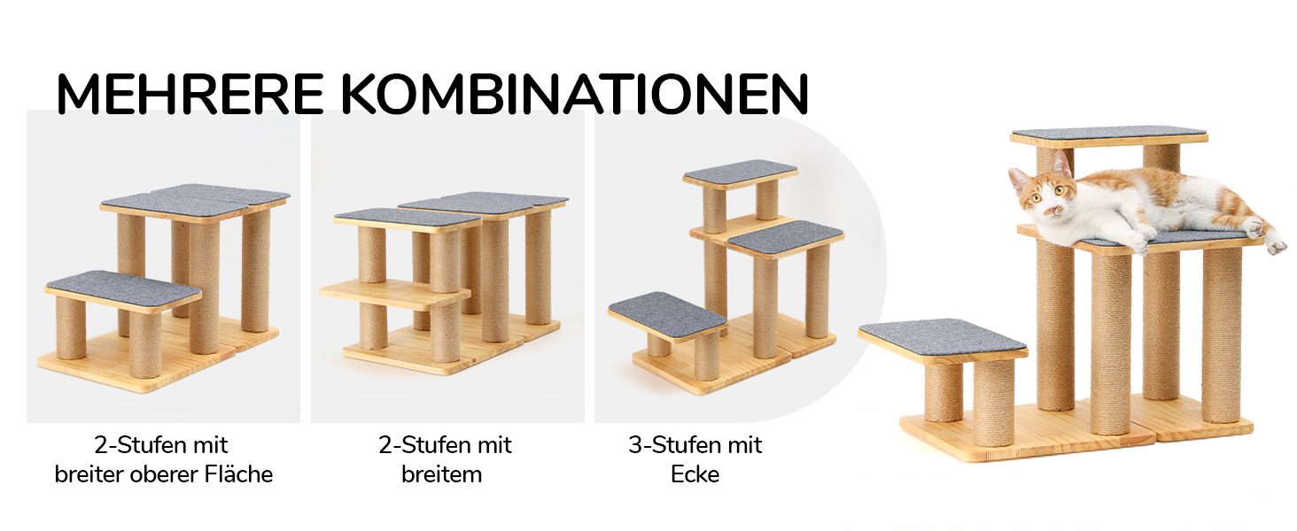 Сходинка для собак FUKUMARU, 3 сходинки, дерев'яна (сосна) з джутової тканини, регульована висота 18-51 см, вантажопідйомність до 90 кг, 6 варіантів підйому на ліжко/диван, сірий колір