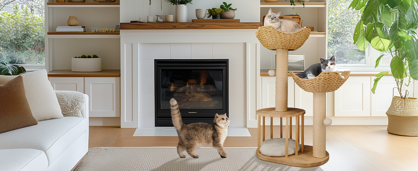 Дерев'яний кігтеточка для котів BingoPaw: сучасний комплекс 99 см з будиночком, м'ячиком та сизалевою колоною. Підходить для котів будь-якого віку.