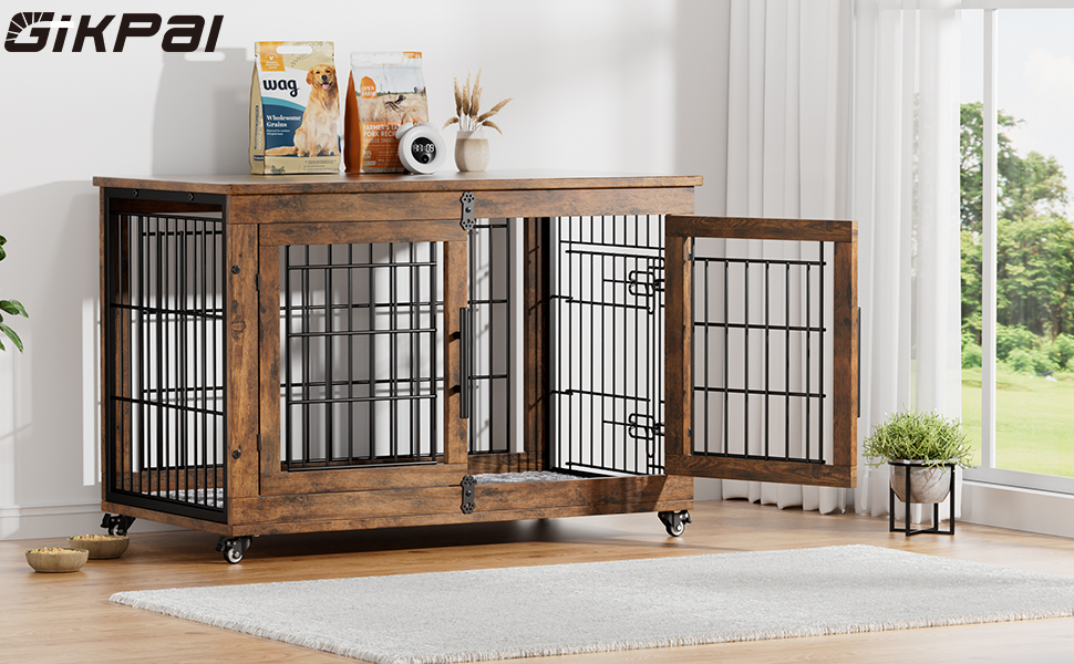 Кіяпа - Будка для собак у дім з подушкою, сучасна будка для собак з двома дверцятами та колесами, для великих собак до 70 кг, 98x64x68 см, (Рустичний коричневий, L)