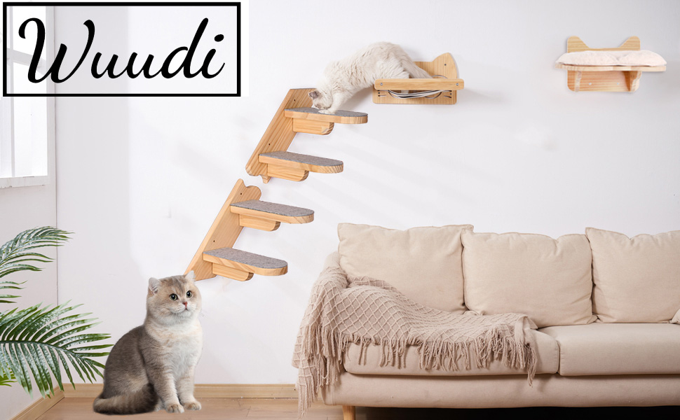 Кігтечка-полиця для котів WandMontierte Katze, дерев'яна, 4 сходинки, з плюшем, для лазіння, сну та ігор