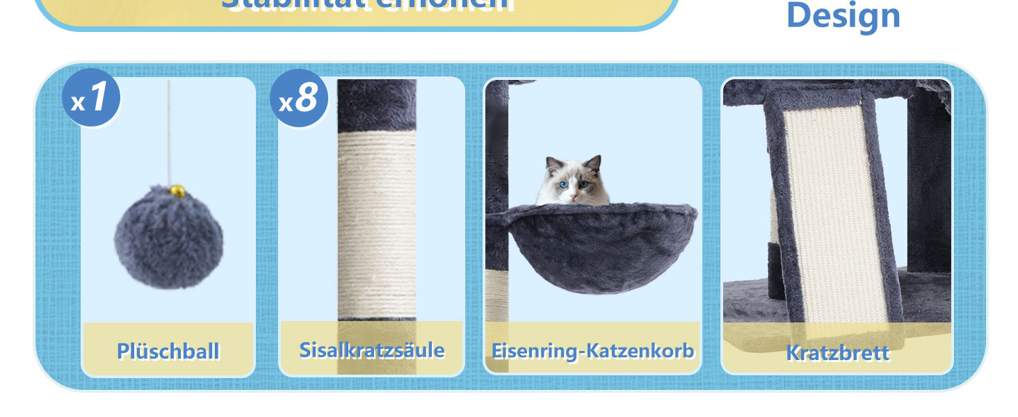 Котячий будиночок Hey-brother Kratzbaum: велика платформа, 2 печери, гамак, сизаль, кошик, 127 см, MPJ071W (димно-сірий)