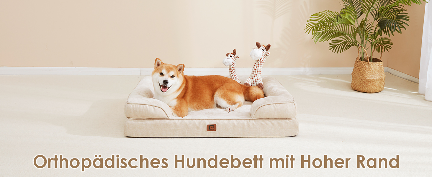Ортопедичне ліжко для собак EHEYCIGA, 89x56 см, Memory Foam, для середніх та маленьких собак, вологостійке, з високим бортиком, бежеве