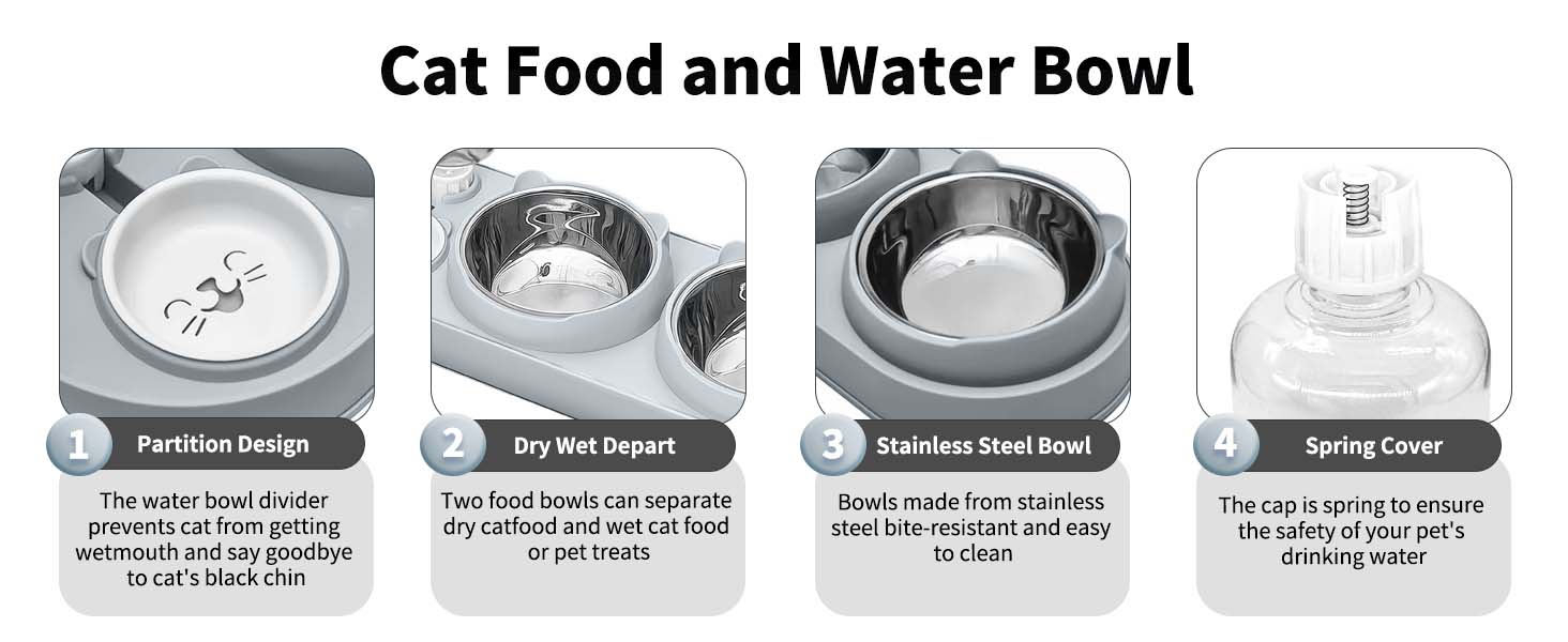 Набір мисок для котів Marchul 3 в 1: годівниця, поїлка з дозатором, миски з нержавіючої сталі, нахил 15°, для котів та собак маленьких та середніх порід (сірий)