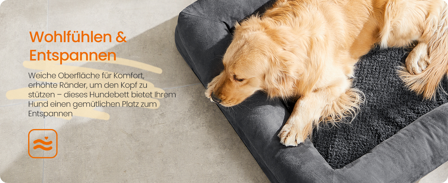 Ортопедичне ліжко для собак Feandrea, м'яке, з піднятими бортиками, знімний чохол, 112 x 86 x 18 см, антиковзаюча підставка, темно-сірий