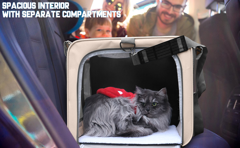 Переноска для котів велика, для 2 котів, складна, на колесах, знімні відділи, з іграшкою-пір'ям та ремінком, бежева